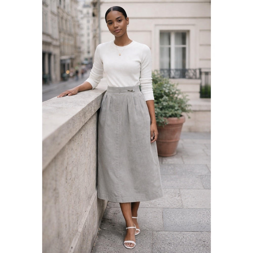 Vtg 80s‎ Corduroy Skirt 11/12 Gray Midi Cottagecore Soft Girl Minimalist Neutral
